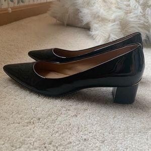 Calvin Klein pointed toe kitten block heel 
Patent leather